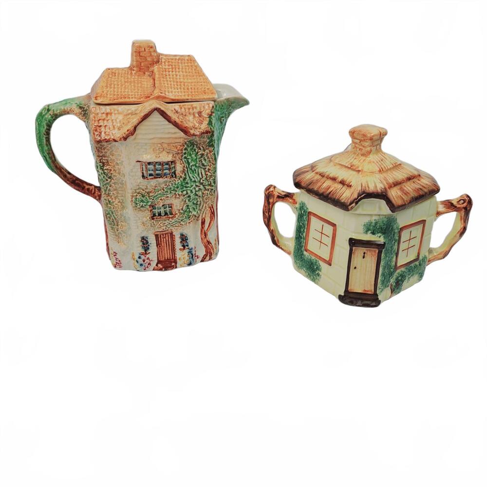Keele St Staffordshire England Cottage Creamer Sugar Bowl Set Handpainted‎